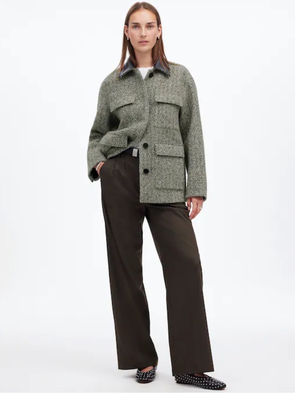 Madewell Leather Collar Flap-Pocket Field Jacket Chore Coat wool alpaca tweed